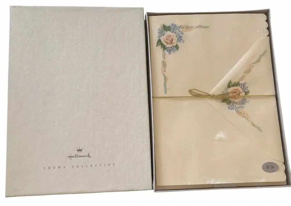 Hallmark Crown Rose Stationary Set-16 Decorated + 16 Plain Sheets w/ Envelopes